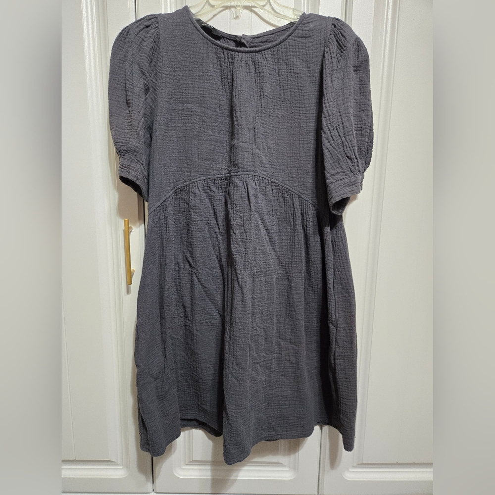 Bluish Gray Puff Sleeve Cotton Dress